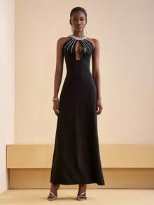 Zivah 秋冬新款优雅派对奢华高贵日常约会生日派对性感高端派对夜店风婚礼季宾客礼服音乐节狂欢季婚礼宾客礼服新娘礼服圆领钻链装饰丝带胸前镂空包臀连衣裙H型裙超长连衣裙晚礼服黑色钻链装饰长裙女士长裙-A - 黑色 - 查看 3