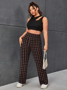 SHEIN EZwear Plus Size Plaid Print Elastic Waist Flare Pants/Winter - Brown - View 10