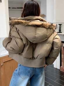 DAZY 女士休闲毛领连帽棉服外套，秋冬夹克 - 咖啡棕 - 查看 2