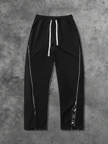 ROMWE MEN Street Life Pantalones de chándal rectos con cremallera y estampado de retazos, estilo casual de calle, unisex, para otoño/invierno - Negro - Ver 5