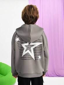 SHEIN Tween Boys 宽松休闲街头灰色超宽松落肩后背字母星星印花连帽拉链运动衫夹克 - 深灰色 - 查看 4