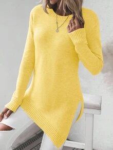EMERY ROSE Lässiger einfarbiger Pullover mit asymmetrischem Saum und Seitenschlitz, Herbst/Winter - Gelb - Übersicht 5