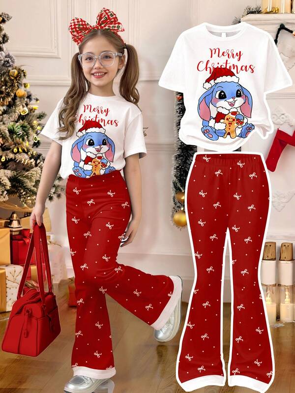 SHEIN Young Girl Christmas Burgundy Cute Gingerbread Man Graphic Short Sleeve Round Neck T-Shirt And Flare Pants Set, Suitable For All Seasons Everyday Wear