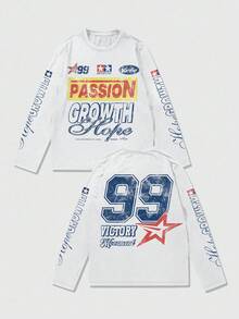 ROMWE MEN Street Life Men's Jersey Racing Print Pattern Lightweight T-Shirt, Suitable For Casual Spring And Summer, Fall, Long Sleeve Top - White - View 1