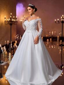 Aureia فستان طويل الأكمام شفاف أنيق فاخر بلون بيج مع تطريز من اللؤلؤ والكريستال، قطع من الشبك والساتان، ذيل سمكة، مناسب للزفاف والحفلات والعطلات