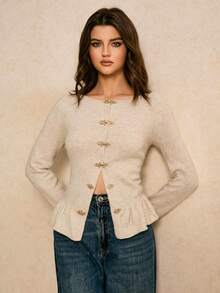 Poéselle 新款秋季欧美风优雅精致短款蕾丝拼布女式开衫 - 杏色 - 查看 3