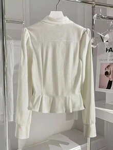 Franclia Elegante camicetta con fiocco e maniche lunghe, camicia versatile da ufficio di colore unito