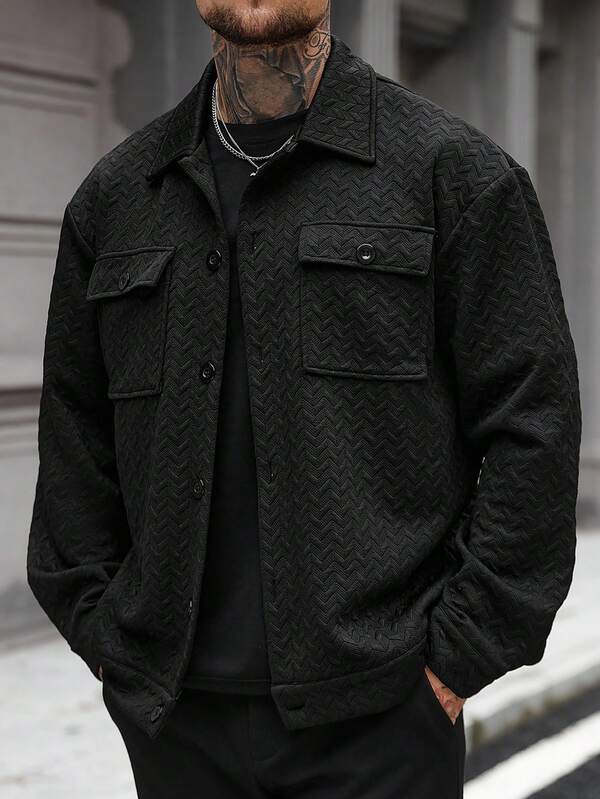 Manfinity Homme Jachetă bărbătească mărime mare, jachetă simplă cu mânecă lungă și buzunar frontal cu nasturi pentru bărbați, ținută casual de zi cu zi, jachetă bărbătească, jachetă bărbătească ediție toamnă-iarnă, cadou pentru iubit, jachetă casual caldă cu mânecă lungă pentru ieșiri în oraș, jachetă neagră bărbătească, jachetă casual bărbătească, jachetă texturată Shacket pentru bărbați