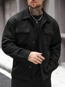 Manfinity Homme Men's Plus Size Jacket, Men's Buttoned Front Long Sleeve Pocket Simple Jacket, Casual Everyday Wear, Men's Jacket, Fall & Winter Edition Men's Jacket, Boyfriend Gift, Warm Long Sleeve Casual Jacket For Going Out, Men's Black Jacket, Men's Casual Jacket, Men's Shacket Textured Jacket For Men Black Jacket For Men Men Overshirt Loose Fit Jacket Men Shacket Designer Jacket - Black - View 4