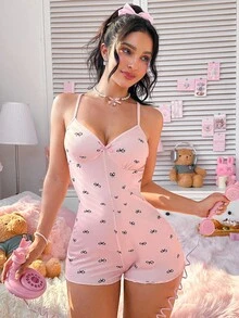 PetitDoll 女士甜美粉色蝴蝶结印花露背系带修身连体裤睡衣 - 彩色 - 查看 3