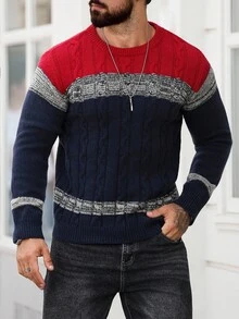 Manfinity Homme 男士撞色麻花图案圆领长袖休闲毛衣，秋冬 - 彩色 - 查看 7