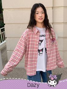 HELLO KITTY AND FRIENDS | SHEIN 秋季少女梭织格子长袖衬衫 - 粉色 - 查看 5