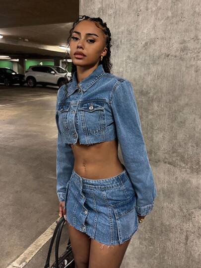 StreetHx Women's Casual Washed Cropped Jacket And Mini Denim Skirt Set