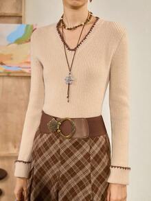 Chiquease Maglione aderente a maniche lunghe con scollo a V stile bohémien, autunno/inverno - Cachi - Visualizzare 5