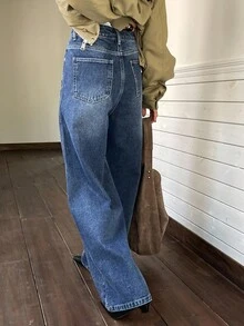 DAZY 女式休闲水钻装饰阔腿牛仔裤，秋季 - 藍色 - 查看 2