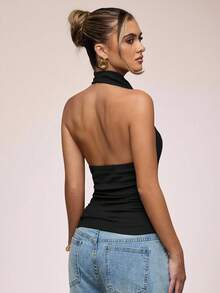 SHEIN BAE Atasan Wanita Model Halter Tanpa Punggung dengan Leher V Dalam, Warna Polos, Hitam - Hitam - View 2
