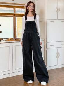 Rivivi 女式休闲水洗阔腿牛仔背带裤 - 黑色 - 查看 6