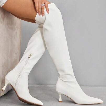 Women's Autumn/Winter New White Fashion Super High Over-The-Knee Boots, Versatile Pointed Toe Kitten Heel Elegant Minimalist Elastic Thigh High Boots