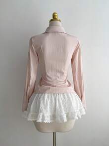 Elamini 1 Áo cánh nữ cổ chữ V xếp ly ôm vừa vặn, gợi cảm & đa năng, tay dài, mùa thu - Hồng - Xem 2