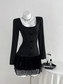 Elamini 1 件女式黑色纽扣撞色蕾丝方领修身迷你连衣裙，休闲秋装 - 黑色 - 查看 3