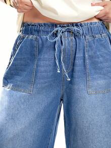 SHEIN ICON Plus Size Relaxed Fit Straight Leg Elastic Waist Jeans, Blue