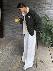 DAZY 女式宽松长袖高领拉链图案夹克 - 黑色 - 查看 3