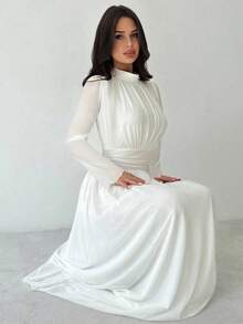 Firerie Women's Elegant Romantic Elegant Daily Commute Beach Vacation Stand Collar Pleated High Waist A-Line Flared Long Sleeve White Dress Women's New Year's Eve Dresses,Dresses For Women Elegant - White - View 3