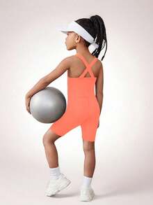 SHEIN 少女纯色圆领修身无袖连体运动服