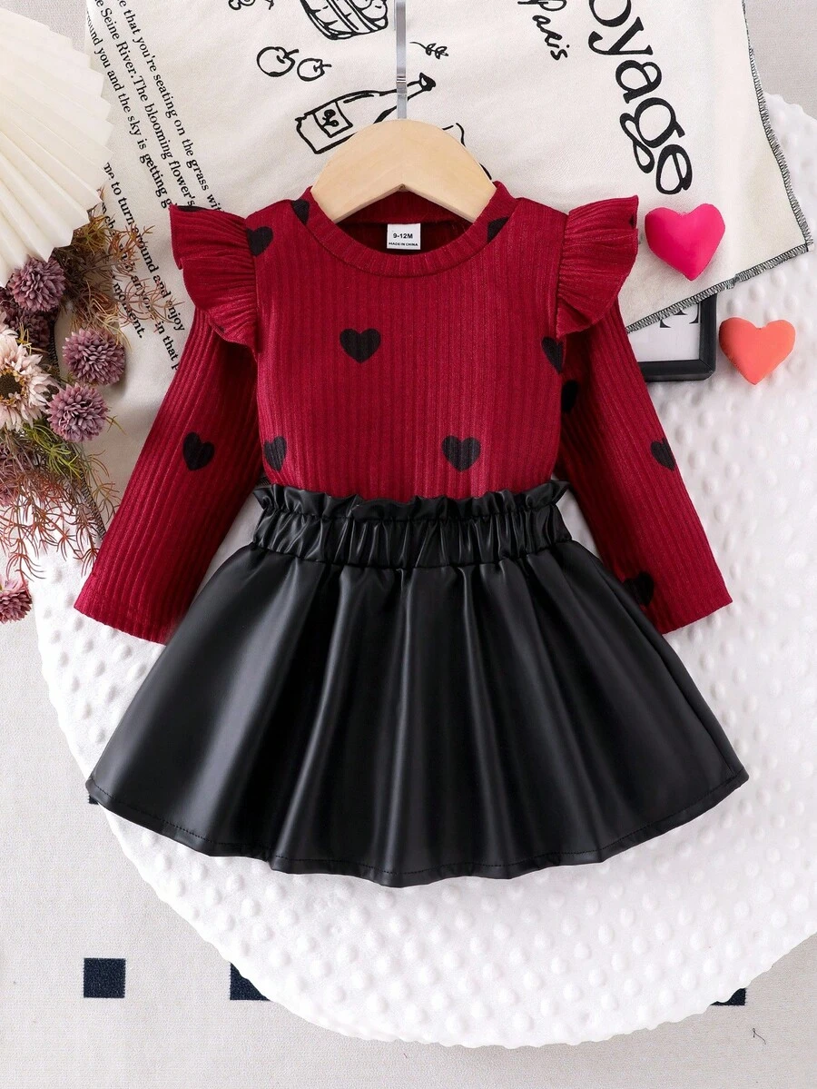 Elladie kids 幼儿秋季长袖圆领盖袖心形印花卡其色上衣和纯黑色裙子两件套复古服装 - 紅色 - 查看 1