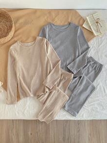 SHEIN 2pcs/Set Girls Ribbed Knit Crew Neck Long Sleeve Top And Leggings Underwear Set, Autumn/Winter - Multicolor - View 1