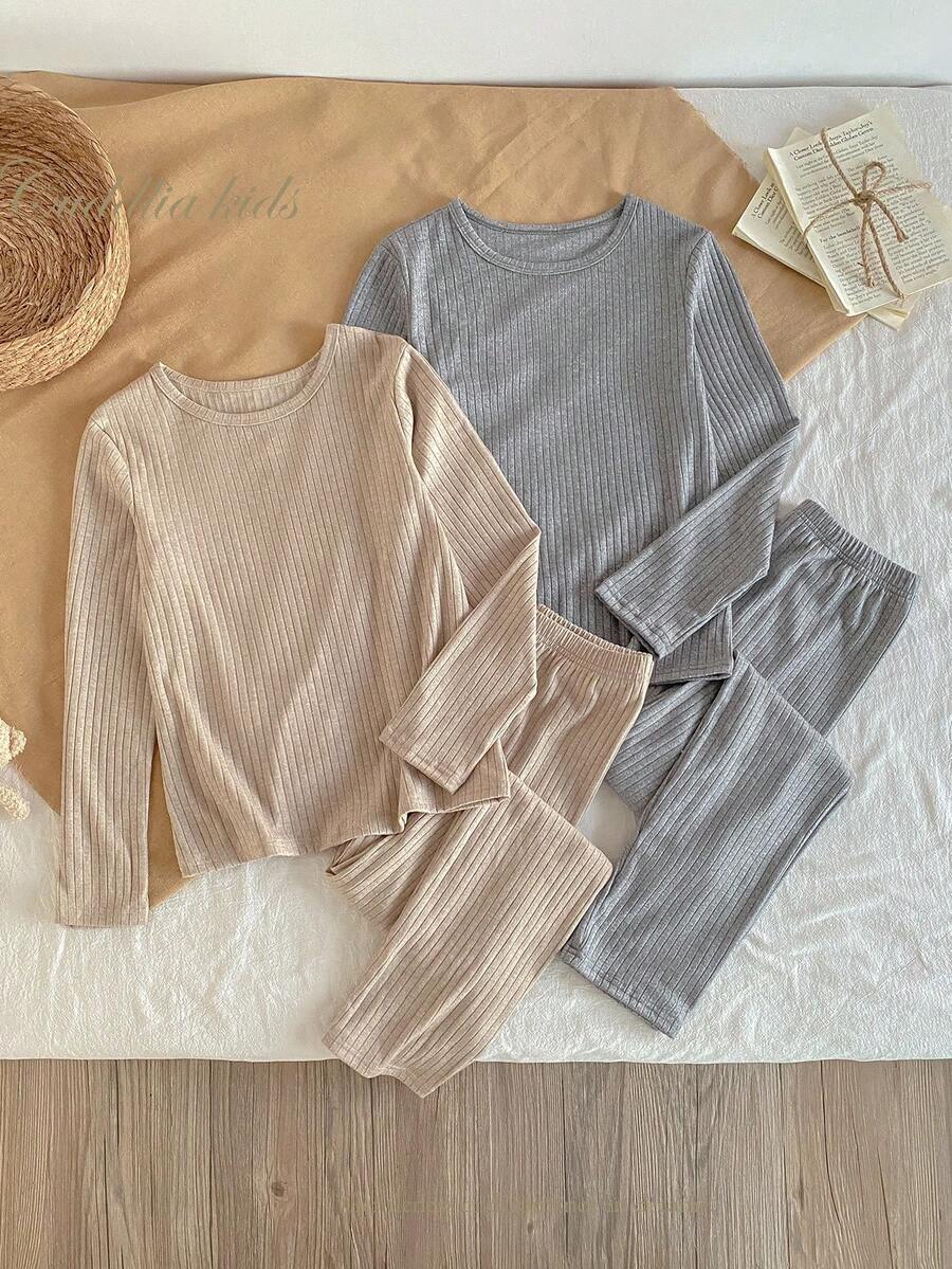 SHEIN 2pcs/Set Girls Ribbed Knit Crew Neck Long Sleeve Top And Leggings Underwear Set, Autumn/Winter - Multicolor - View 1