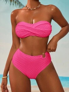 Swim Basics Bộ bikini họa tiết màu trơn cho kỳ nghỉ ở bãi biển - Màu Hồng Tươi - Xem 3