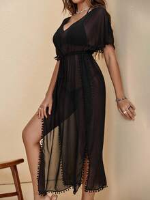 SHEIN Swim 女士沙滩度假半透明深V领长款罩衫 - 黑色 - 查看 4