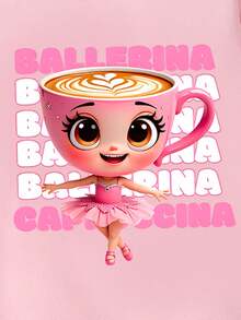 女童休闲可爱卡通杯芭蕾少女心图案套头衫，时尚创意设计，适合秋冬季女童 - 粉色 - 查看 4