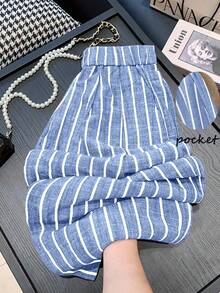 GlowEve Women's Elastic Waist Pockets Striped Wide Leg Loose Casual Pants - Blue - View 1