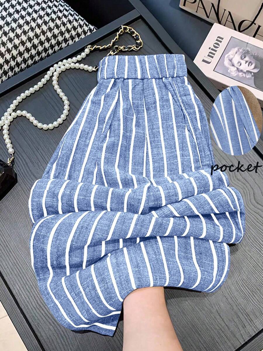 GlowEve Women's Elastic Waist Pockets Striped Wide Leg Loose Casual Pants - Blue - View 1