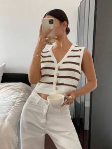 SHEIN Frenchy 女式前扣无袖口袋条纹简约休闲毛衣背心秋冬款 - 咖啡棕 - 查看 6