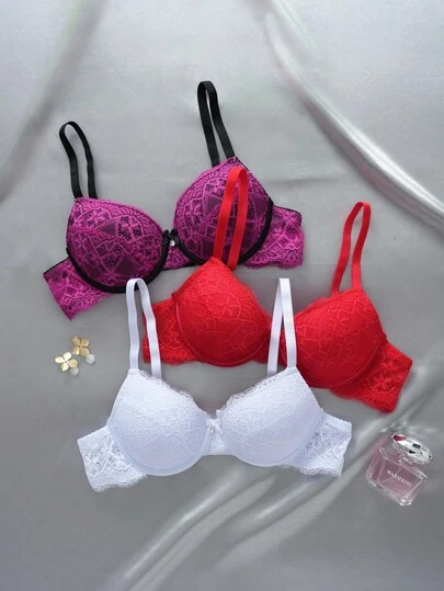 3pcs/Set Sexy Lace Supportive Romantic Minimalist Underwire Adjustable Bras For Women