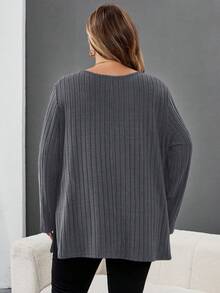 SHEIN CURVE+ Áo thun cổ chữ V viền gân màu xanh cỡ lớn, quần áo thu đông cho nữ, mùa đông, CONG CỠ LỚN/Mùa thu/Mùa đông - Màu xám đen - Xem 6