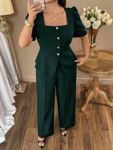 Auvina Áo khoác sơ mi đen trơn cổ vuông thanh lịch cỡ lớn dành cho nữ + Quần ống rộng cạp cao thời trang đi chơi, sang trọng và thoải mái - Màu xanh lá cây đậm - Xem 6