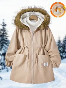 Tween 女童休闲连帽毛领加厚羊毛外套，腰部抽绳，2 个口袋带刺绣标志，适合秋冬外出，可搭配长袖、毛衣、裤子 - 卡其色 - 查看 3