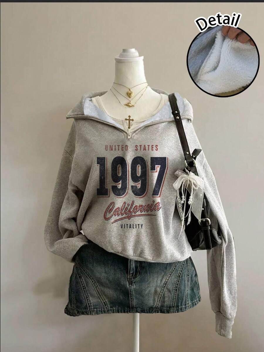 Attitoon Damen Loose Halb-Reißverschluss Rollkragen Fleece Sweatshirt, geeignet für Herbst/Winter, Vintage, amerikanischer Lässig Stil, 1997 Aufdruck - Grau - Übersicht 1