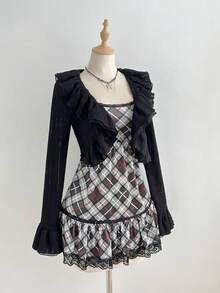 SHEIN Unity 女士时尚天鹅绒拼接蕾丝吊带裙，适合休闲、派对、日常穿着、秋冬季，搭配女士长袖层叠荷叶边拼接衬衫 - 彩色 - 查看 3