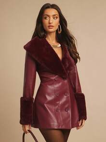 Silquee Women's Wine Red Waist Elegant Fashion Long Sleeve PU Leather Jacket With Fur Collar And Spliced ​​Fur Sleeves, Autumn And Winter Women's Fall Winery Wear Women's Faux Leather Dress Women's Suit Jacket Women's Leather Dress Coat - Burgundy - View 6