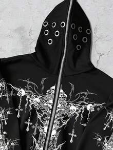 ROMWE MEN Goth Punk Street Style Hooded Zip-Up Thermal Lined Sweatshirt Jacket, Autumn/Winter - Black - View 6