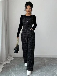 Elenzga Damen Lässige Latzhose mit quadratischem Kragen, ärmelos, dickes Karomuster, Knopfverschluss vorne, gerade Beine, geeignet für Halloween, Weihnachten, Neujahr, Thanksgiving, Arbeit, Abschlusszeit - Schwarz - Übersicht 4
