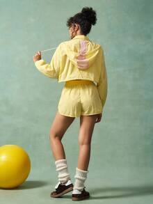 VARSIVA 2pcs/Set Women Casual Loose Long Sleeve Top And Drawstring Shorts Sportswear Set Yellow Two Piece Set Jacket And Shorts Set Yellow Shorts Women Yellow Activewear Two Piece Set Women Summer - Multicolor - View 8