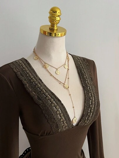 Elamini 1 件复古性感修身长袖 T 恤女款，深 V 蕾丝拼接，有弹性，抓绒，军绿色，通勤休闲