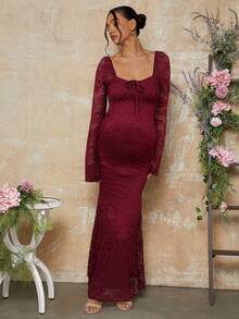 MaterniChic 情人节白色喇叭袖蕾丝修身鱼尾下摆孕妇装 - 酒紅色 - 查看 5