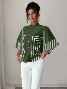 Elenzga 中式领数字几何线条印花图案，不对称袖法式优雅衬衫，适合春夏度假 - 軍綠色 - 查看 4